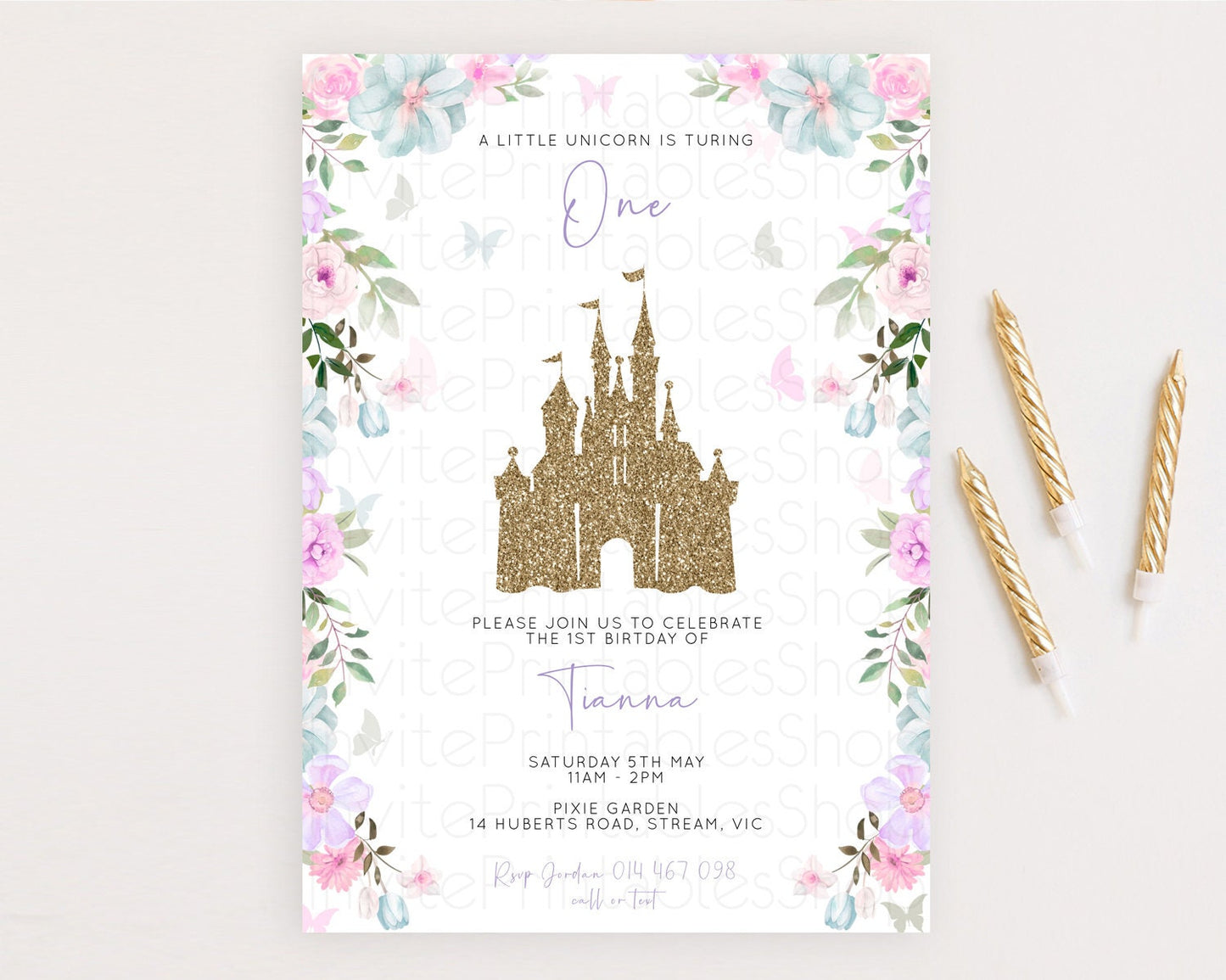 Princess Birthday Invitation Castle Invitation Royal Birthday Fairy Tale Enchanted Castle Pastel Floral Garden 1st First Birthday D10470
