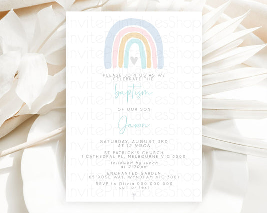 Editable Pastel Rainbow Baptism Invitation Boho Rainbow Baptism 1st Birthday