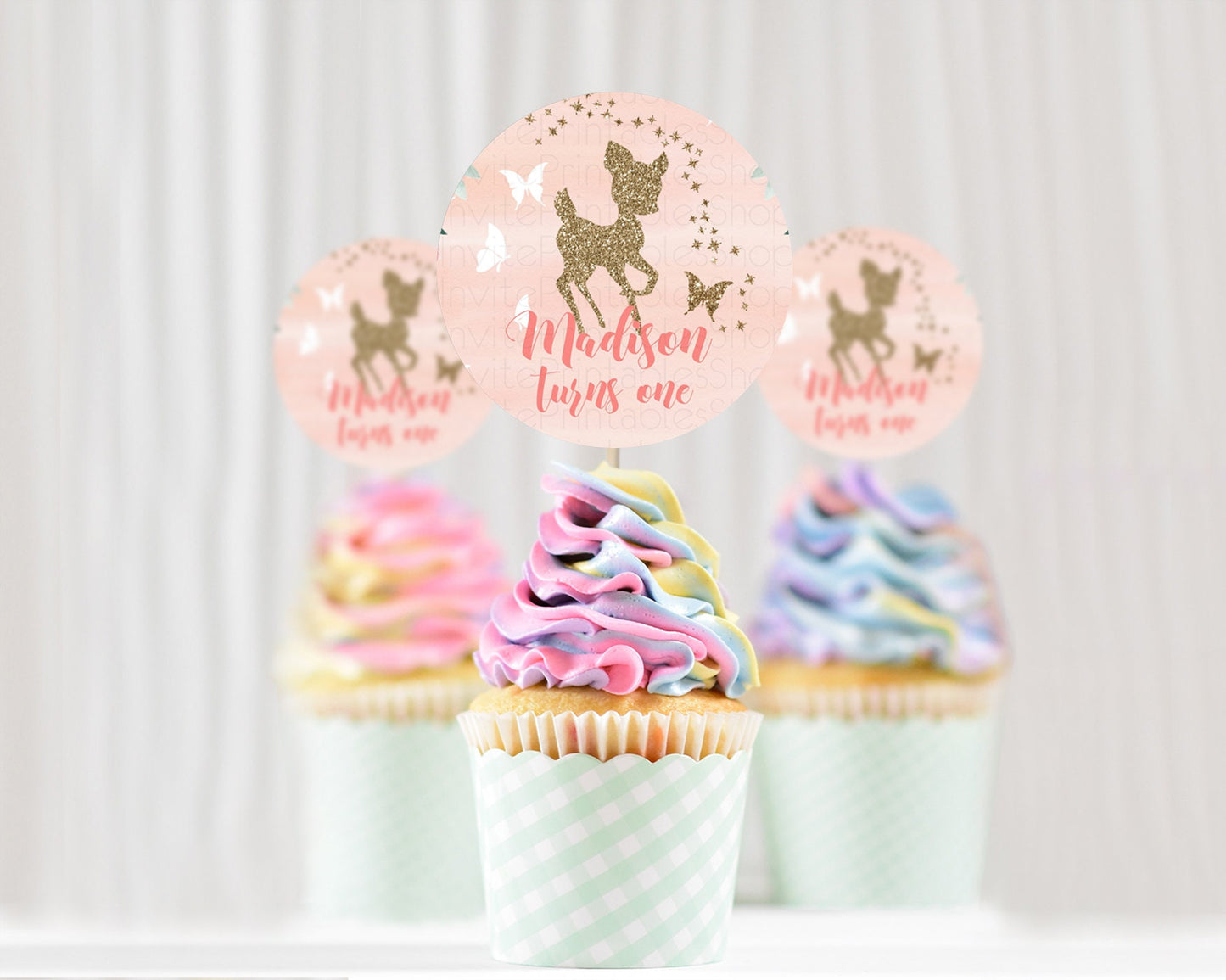 Fawn Cupcake Toppers Deer Cupcake Toppers Enchanted Forest Party Butterfly Pastel Flowers Woofland Cupcake Toppers First Birthday D10873