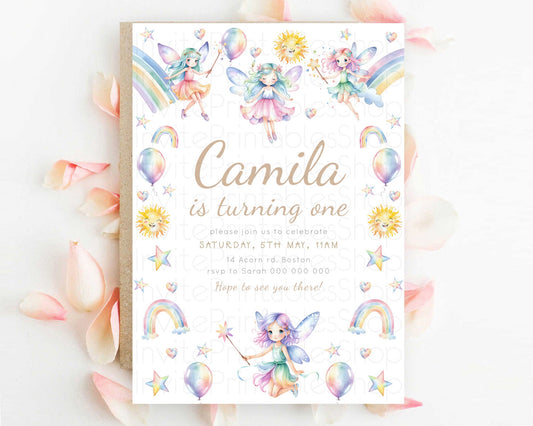 Rainbow Fairy Birthday Invitation Pastel Birthday Invitation Magical Pastel Fairy Party Theme Pastel Stars Heart Sun 1st 2nd Birthday D23373