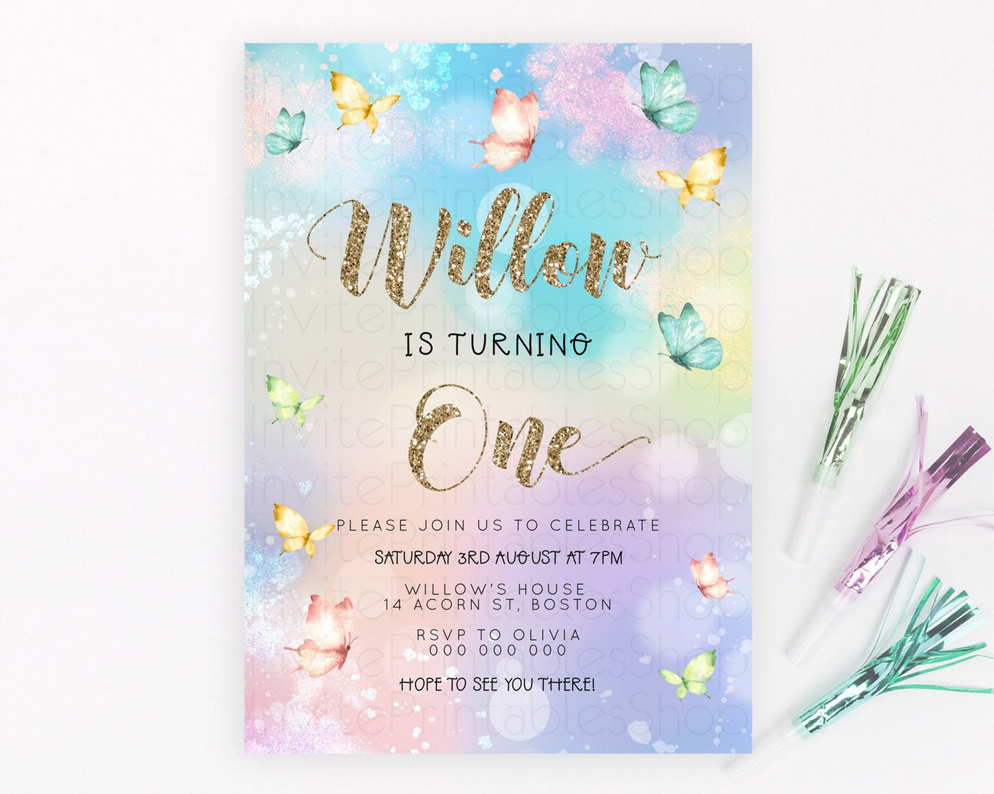 Pastel Butterfly Birthday Invitation Butterfly Birthday Invitation Colorful Splash Glitter Butterfly Garden 1st 2nd Birthday D23093