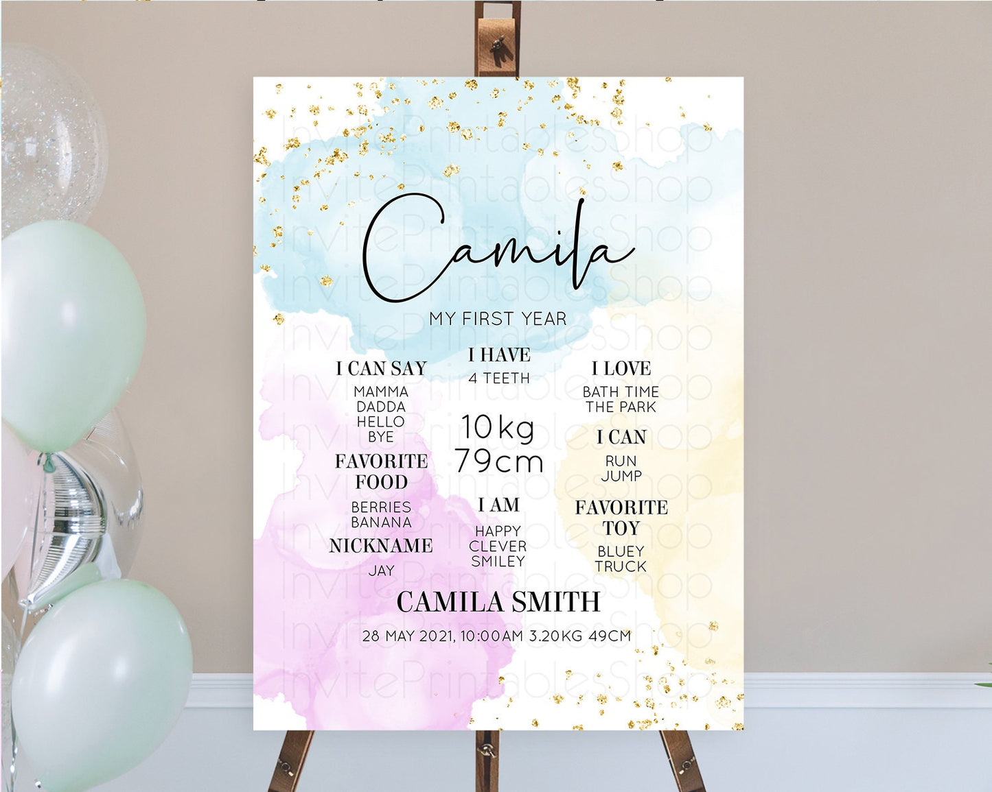 Pastel First Birthday Milestone Board Pastel Rainbow Milestone Poster Colorful Confetti Watercolor Glitter 1st Birthday Welcome Sign D10155