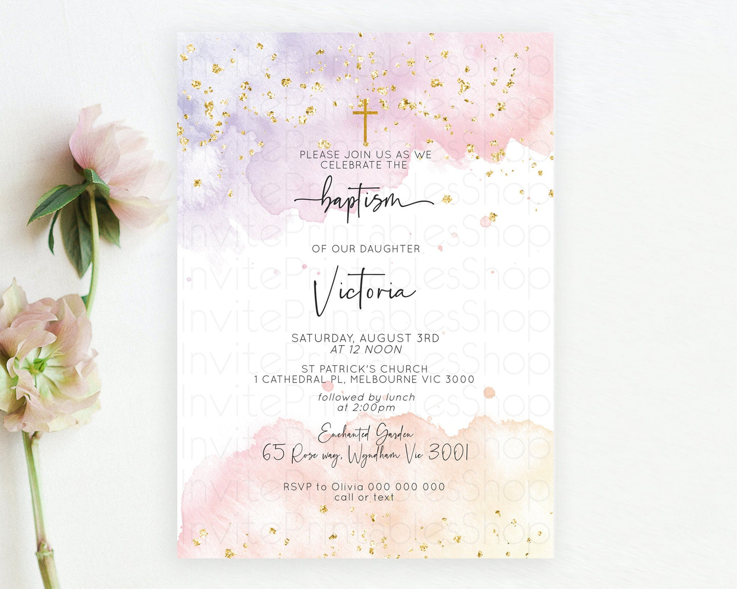 Pastel Baptism Invitation Pastel Colors Watercolor Baptism 1st Birthday Party Gold Ombre Pastel Rainbow Christening Holy Communion D10327