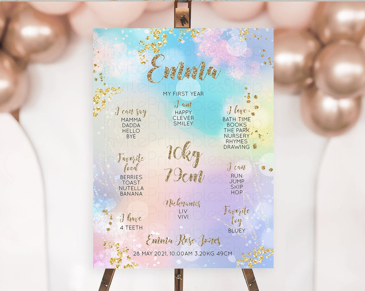 Pastel First Birthday Milestone Board Pastel Rainbow Milestone Poster Colorful Confetti Watercolor Glitter 1st Birthday Welcome Sign D10677