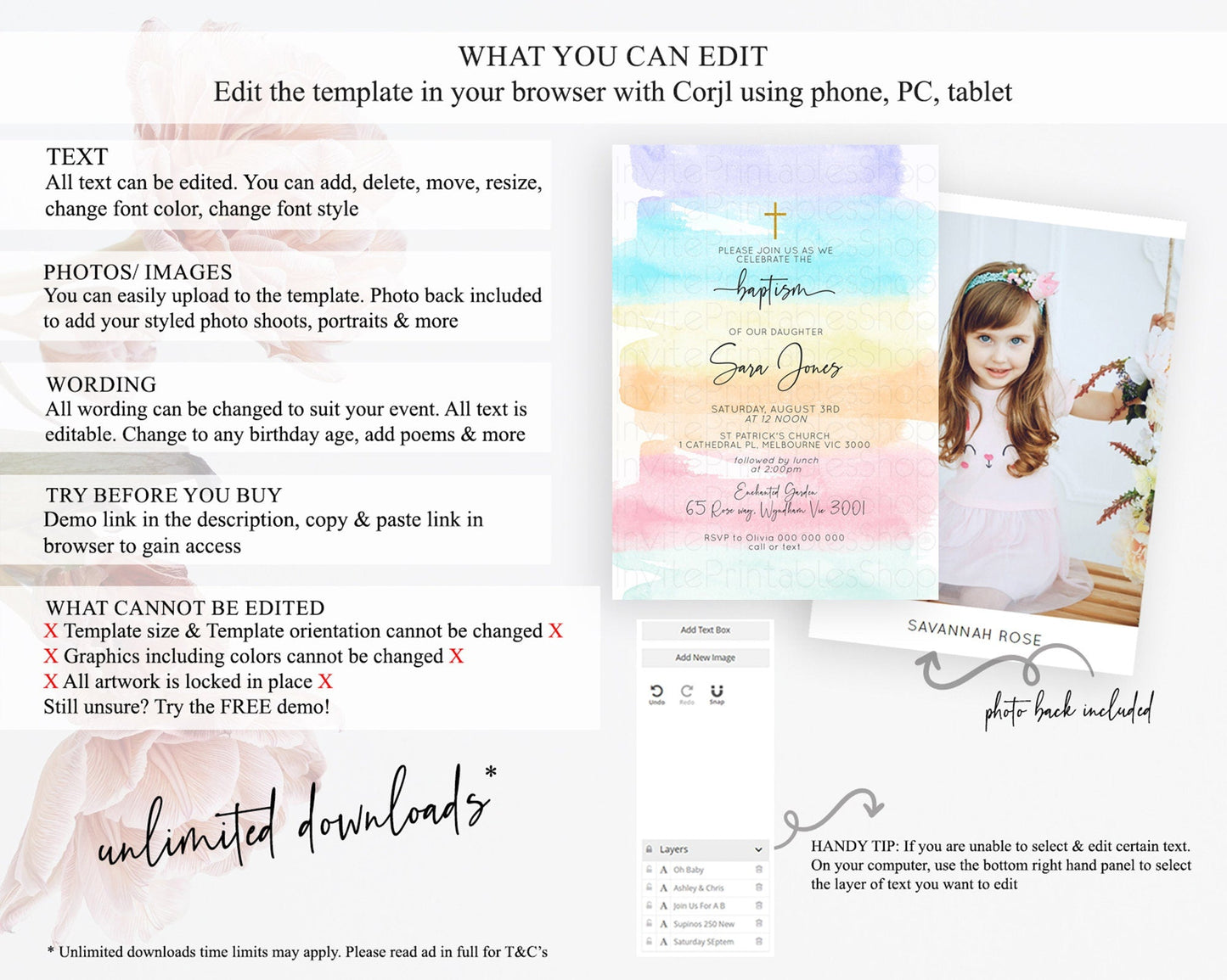 Pastel Baptism Invitation Pastel Colors Watercolor Baptism 1st Birthday Party Gold Ombre Pastel Rainbow Christening Holy Communion D10505