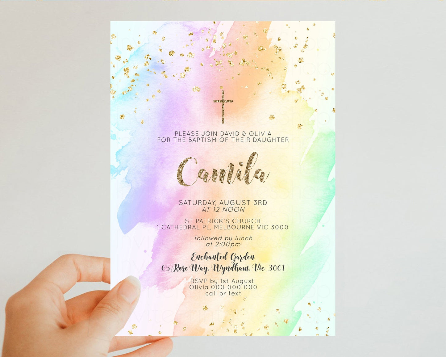 Rainbow Baptism Invitation Pastel Christening Invitation Holy Communion Invitation Glitter Watercolor Splash Invitation Colorful Invite 602