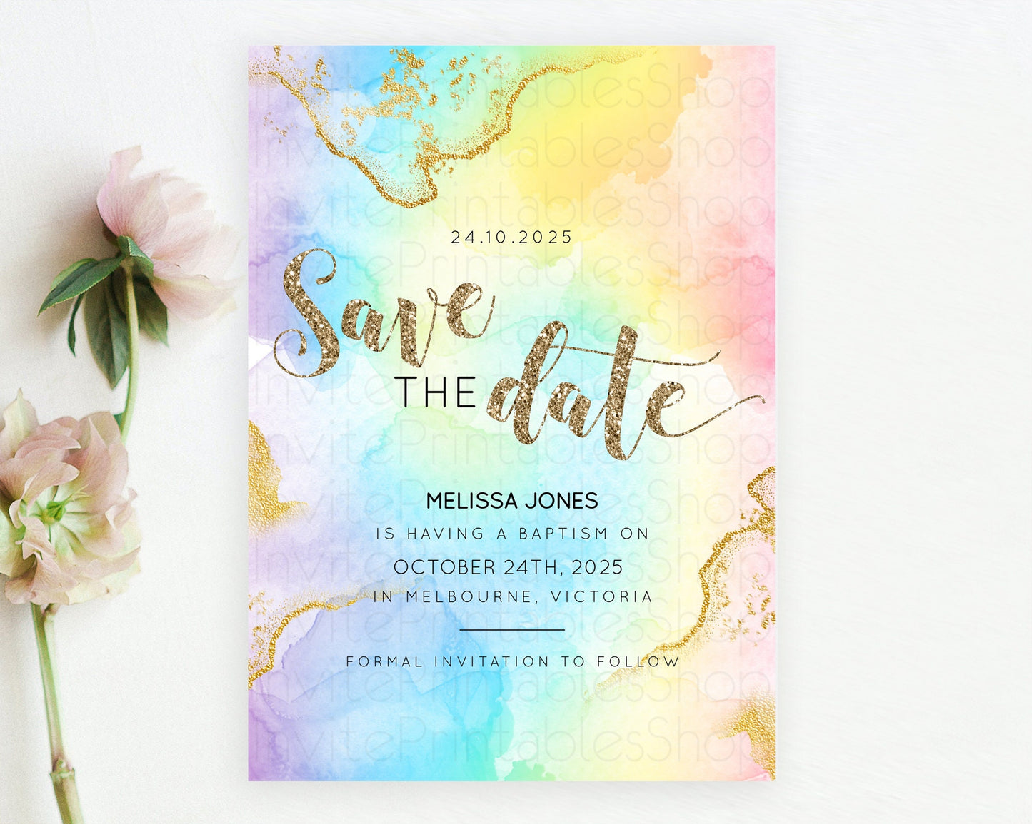 Pastel Save The Date Template Pastel Ombre Rainbow Watercolor Colorful Party For Birthday Baptism Baby Shower Wedding Bridal Shower D10589