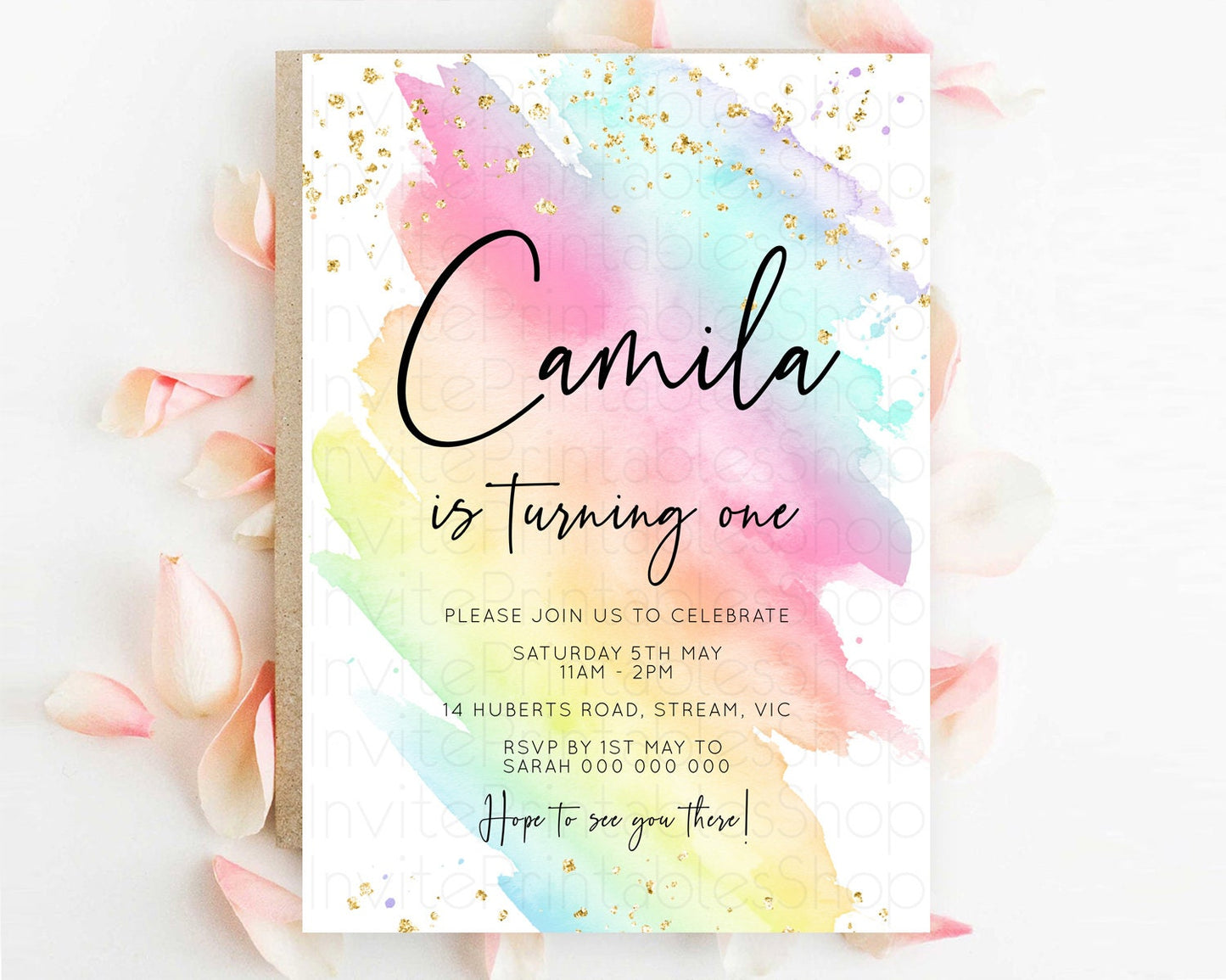 Rainbow Birthday Invitation Colorful Pastel Watercolor Invitation Gold Glitter Sprinkles Ombre Pastel 1st 2nd 3rd Birthday D10495