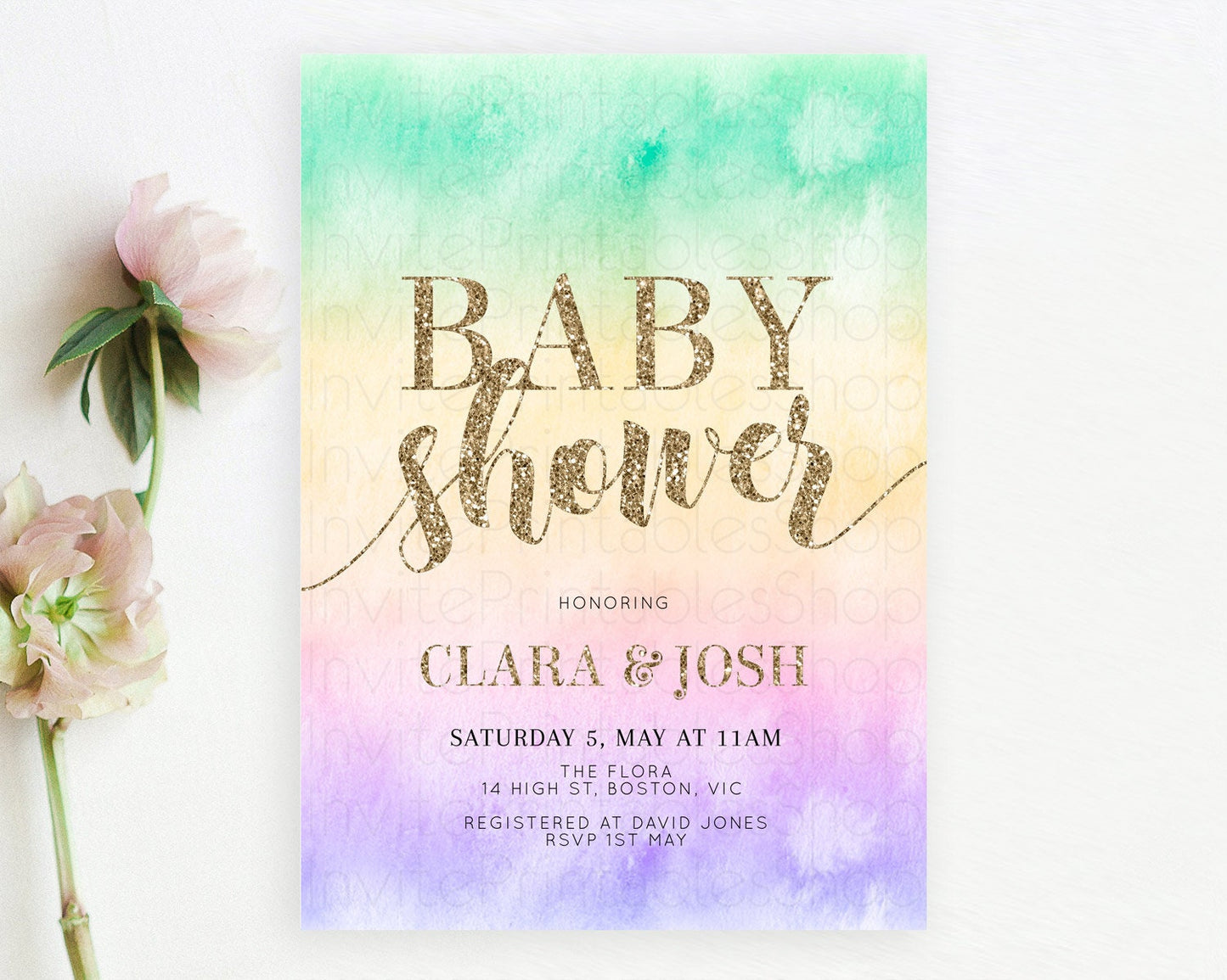 Pastel Baby Shower Invitation Rainbow Baby Shower Invitation Colorful Pastel Watercolor Invitation Gold Glitter Sprinkles Ombre D10478