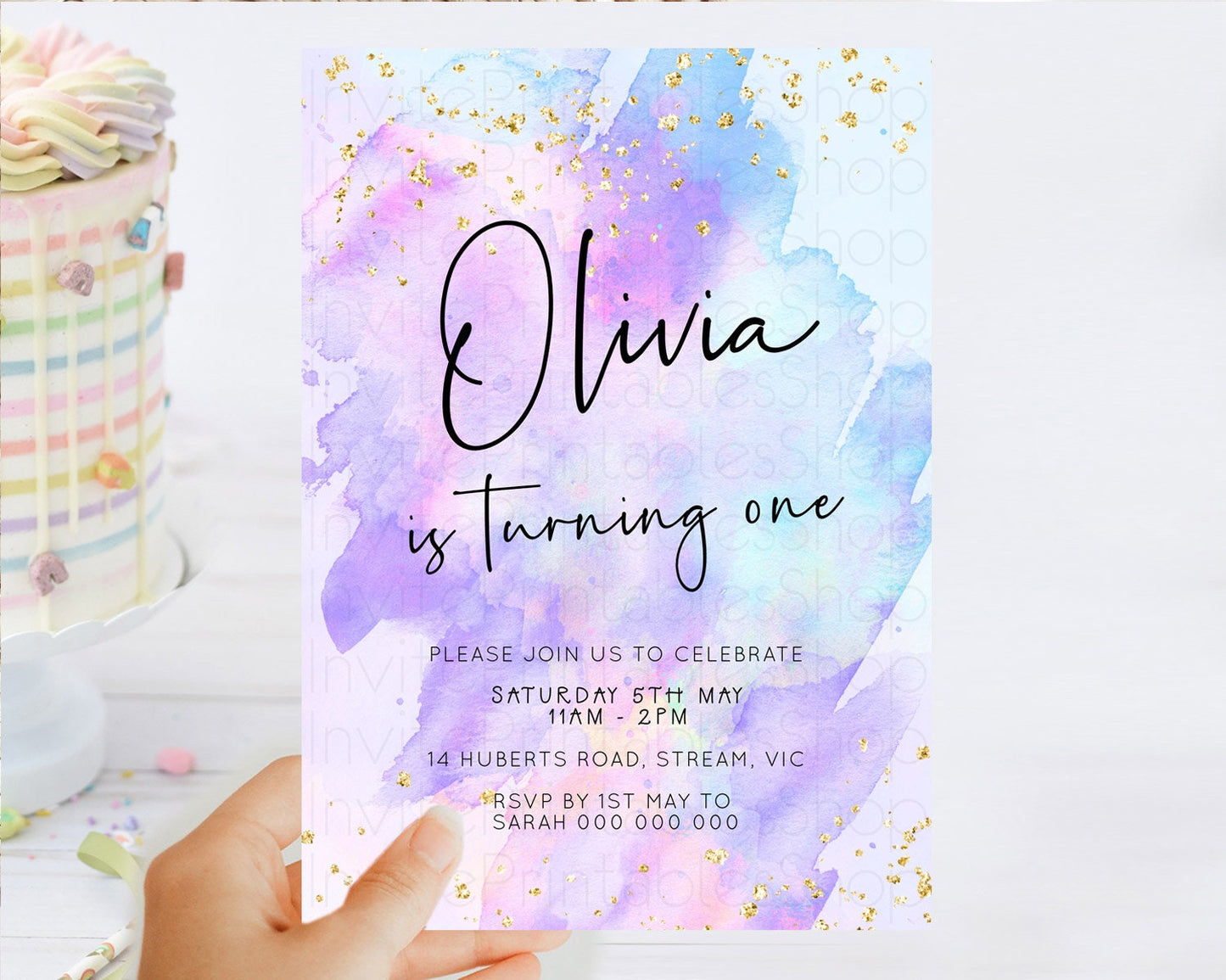 Pastel Birthday Invitation Ombre Watercolor Birthday Invitation Glitter Rainbow Color Splash 1st 2nd 3rd Birthday Invitation D23065