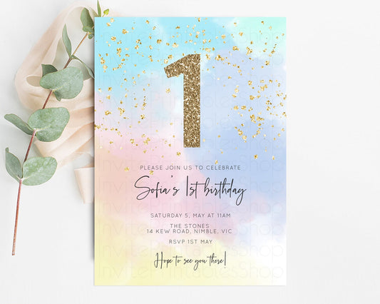 Rainbow Birthday Invitation Pastel Clouds Invitation Rainbow Sky Invite Colorful Watercolor Invite Glitter Sprinkle Invite 1st 2nd 3rd 446