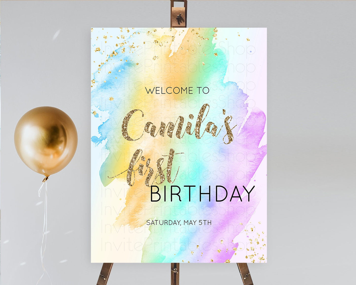 Pastel Welcome Sign Pastel Rainbow Welcome Sign Colorful Rainbow Confetti Watercolor Glitter Pastel First Birthday Welcome Sign D10426