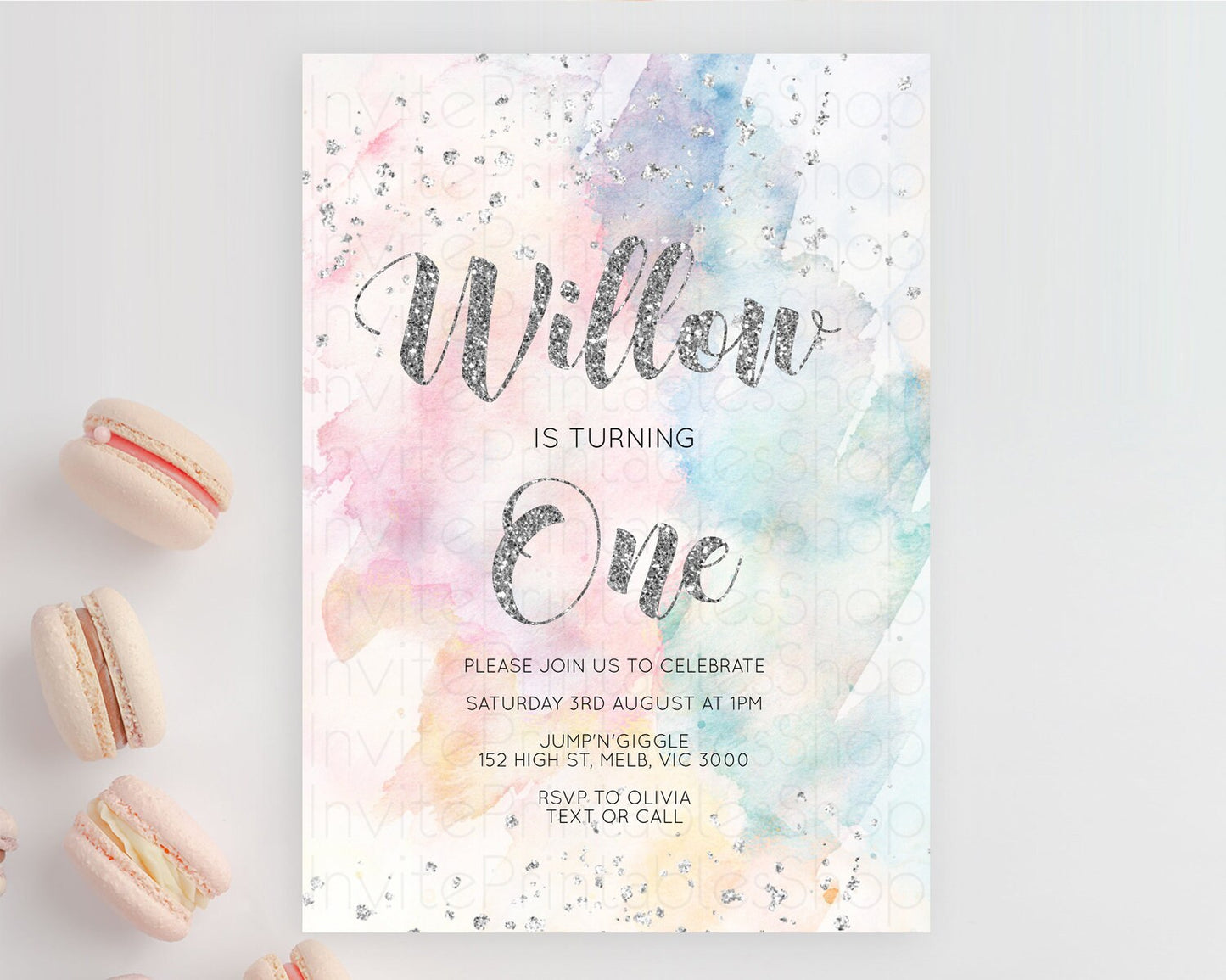 Rainbow Birthday Invitation Colorful Pastel Watercolor Silver Glitter Sprinkles Ombre Pastel Invitation 1st 2nd 3rd First Birthday D10944