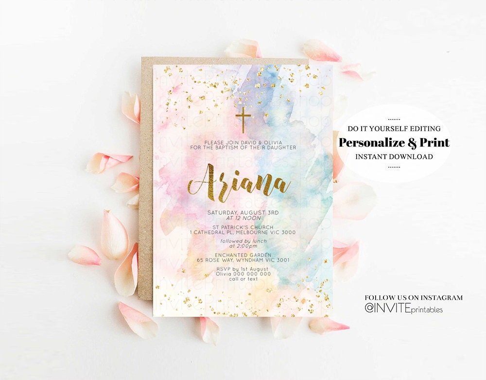 Rainbow Baptism Invitation Colorful Watercolor Christening Invitation Pastel Invite Splash Gold Splatter Foil Communion Orthodox Cross 276