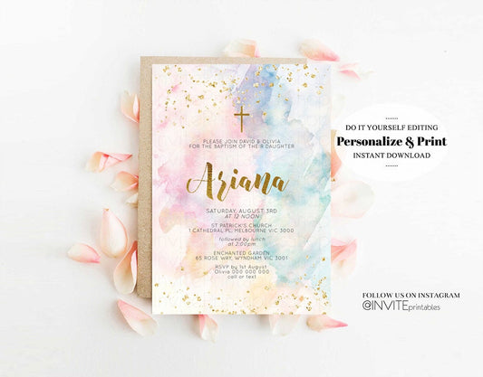 Rainbow Baptism Invitation Colorful Watercolor Christening Invitation Pastel Invite Splash Gold Splatter Foil Communion Orthodox Cross 276