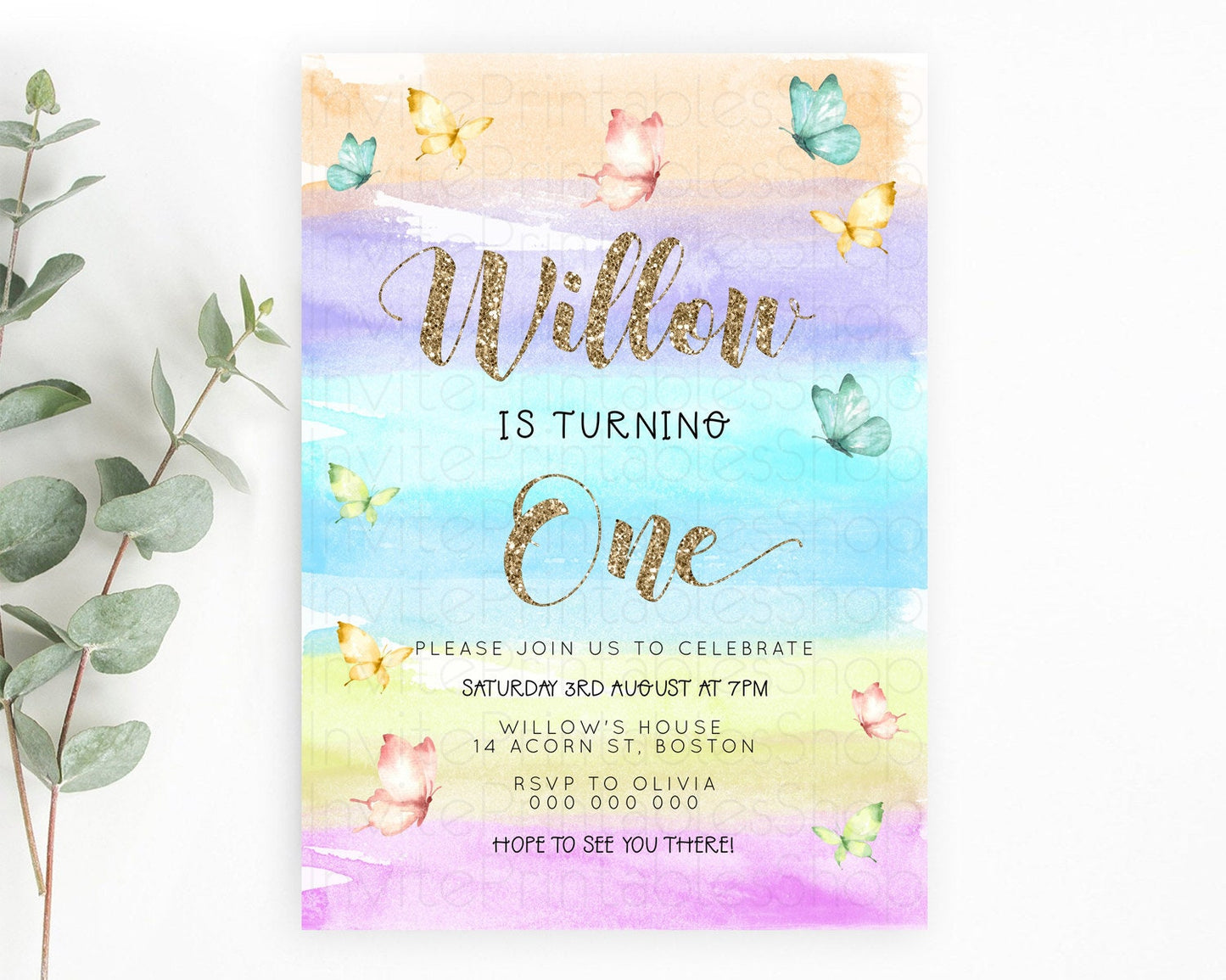 Pastel Butterfly Birthday Invitation Butterfly Birthday Invitation Colorful Splash Glitter Butterfly Garden 1st 2nd Birthday D23224