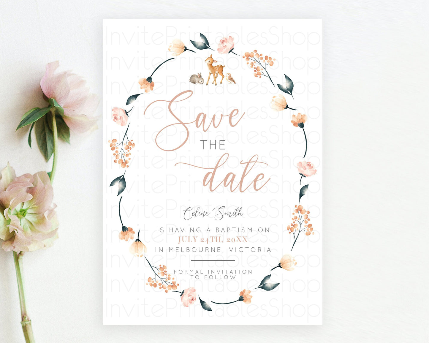 Fawn Deer Save The Date Template Pastel Floral Deer Enchanted Forest Butterfly Party 1st Birthday Baptism Baby Shower Bridal Shower D10240