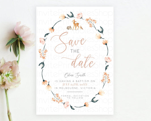 Fawn Deer Save The Date Template Pastel Floral Deer Enchanted Forest Butterfly Party 1st Birthday Baptism Baby Shower Bridal Shower D10240