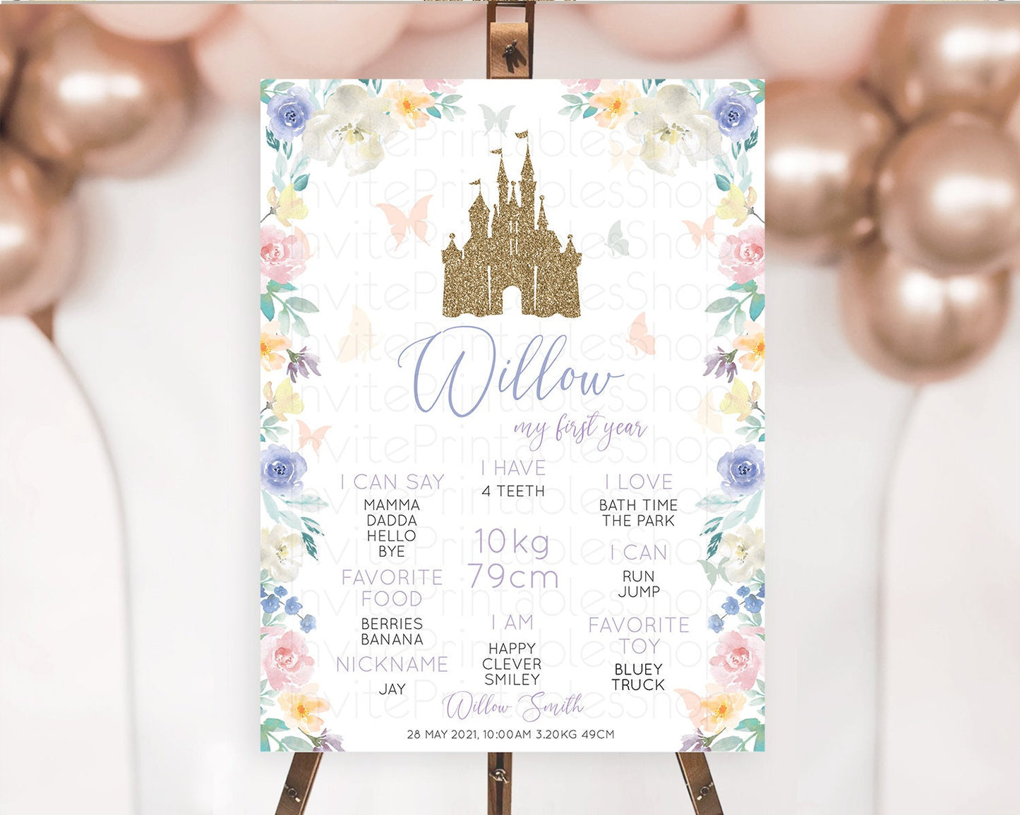 Princess First Birthday Milestone Poster Castle Milestone Board Secret Garden Enchanted Castle Pastel Floral Garden First Birthday D10931