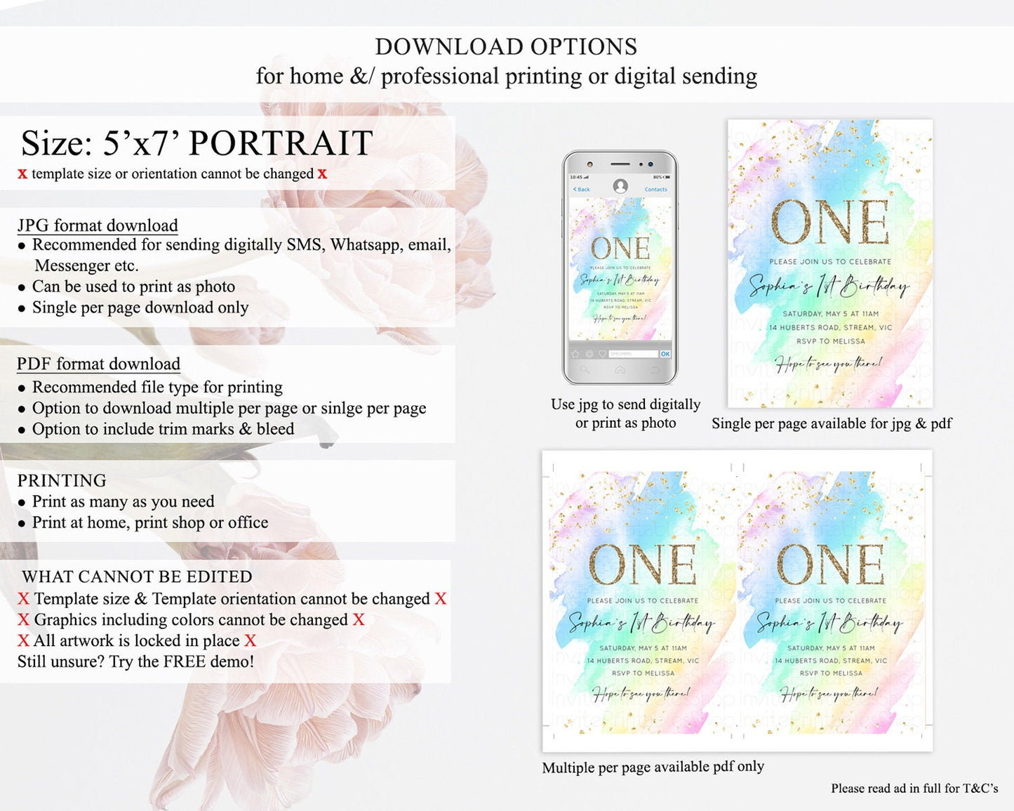 Rainbow Birthday Invitation Colorful Pastel Watercolor Invitation Gold Glitter Sprinkles Ombre Pastel 1st 2nd 3rd Birthday D10640