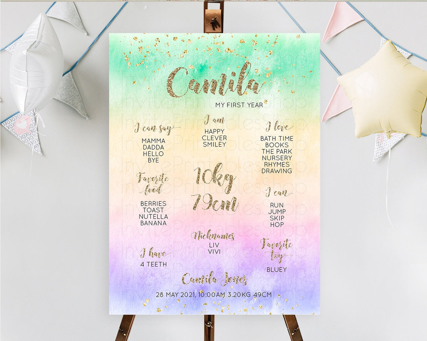 Pastel First Birthday Milestone Board Pastel Rainbow Milestone Poster Colorful Confetti Watercolor Glitter 1st Birthday Welcome Sign D10478