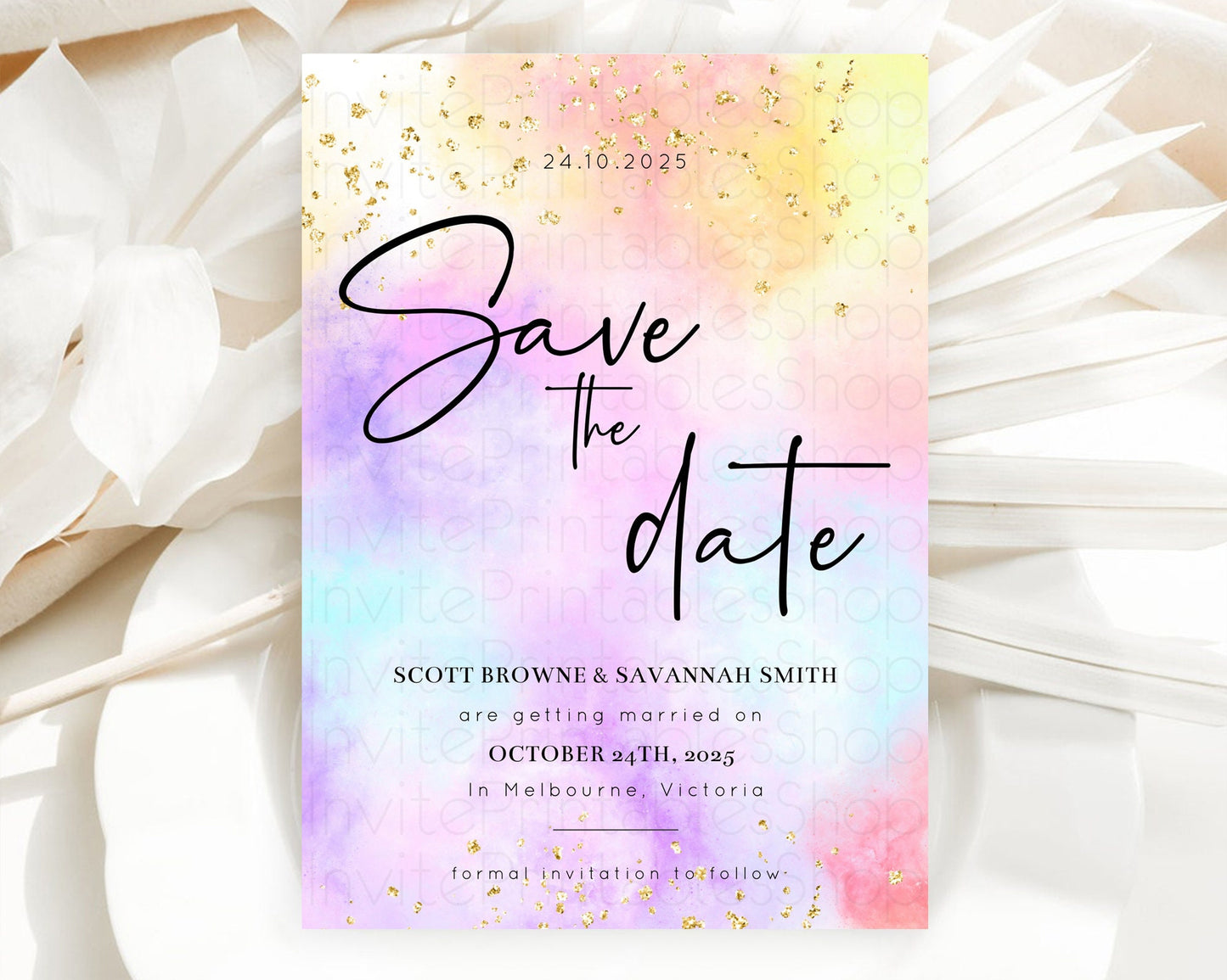 Pastel Save The Date Template Pastel Ombre Rainbow Watercolor Colorful Party For Birthday Baptism Baby Shower Wedding Bridal Shower D10438