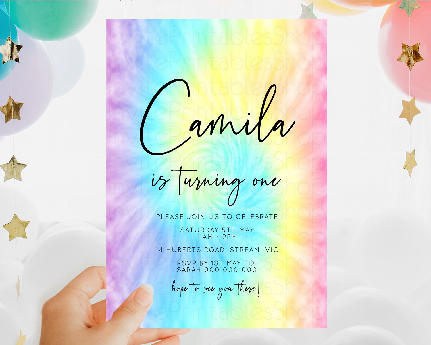 Editable Tie Dye Invitation Rainbow Birthday Invitation Pastel Invitation Co
