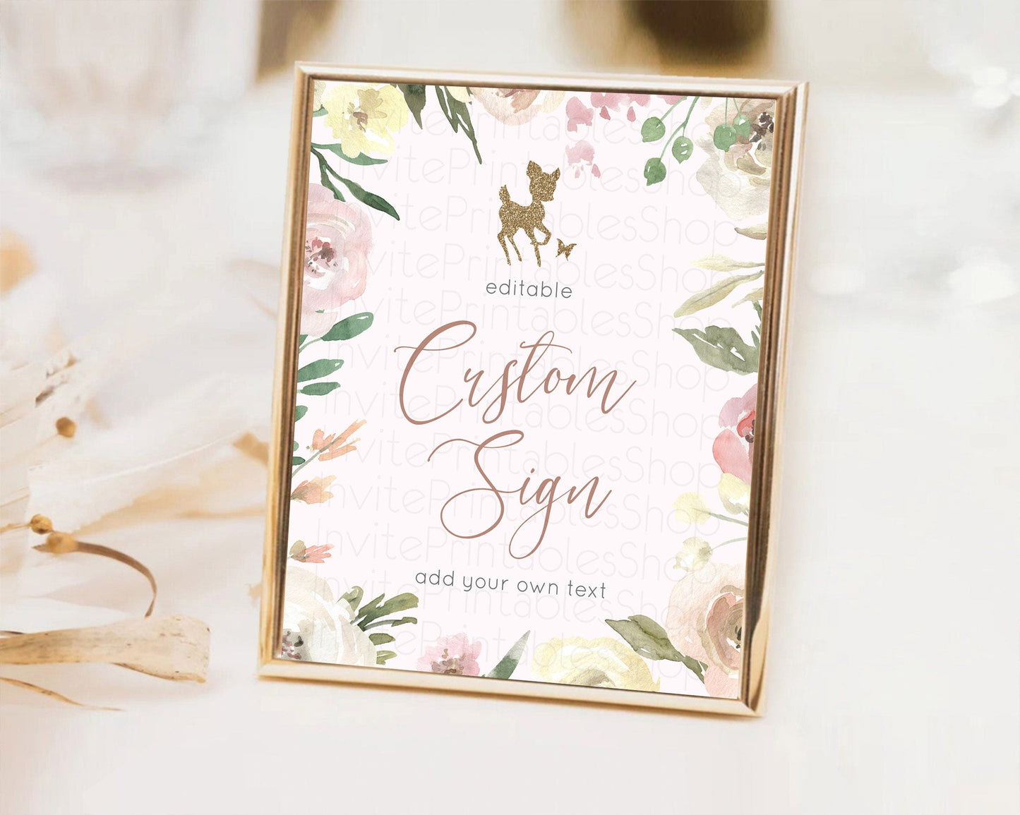 Fawn Deer Sign Pastel Floral Deer Table Sign Decor Enchanted Forest Butterfly Party 1st Birthday Baptism Baby Shower Bridal Shower D10193