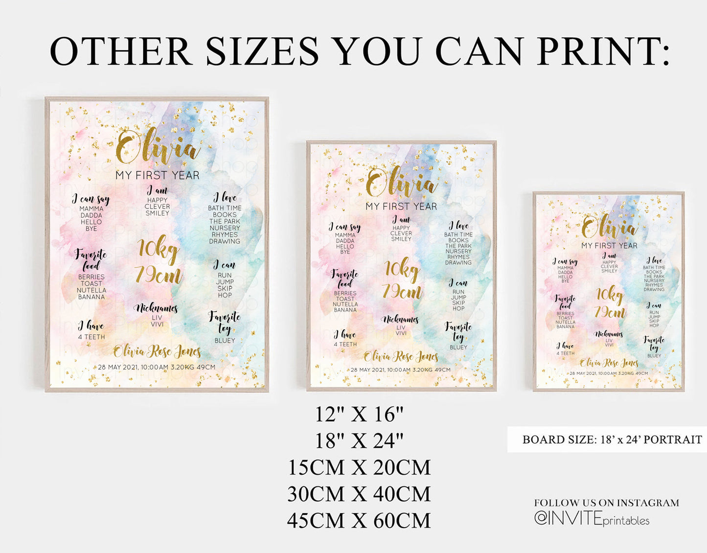 Watercolor Rainbow Baby Milestone Board First Birthday Poster Welcome Board 1st Birthday Keepsake Sign Colorful Splash Pastel Glitter 276