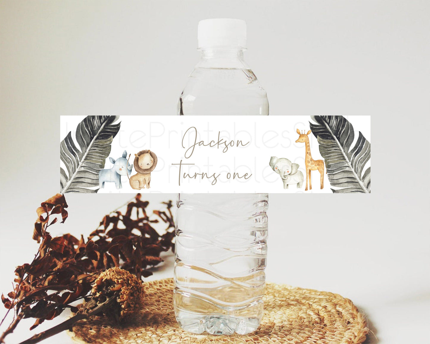 Safari Water Label Template Lion Gorilla Elephant Rhino Animals Party Decor Tropical Palm Zoo Theme 1st Birthday Baptism Baby Shower D10599