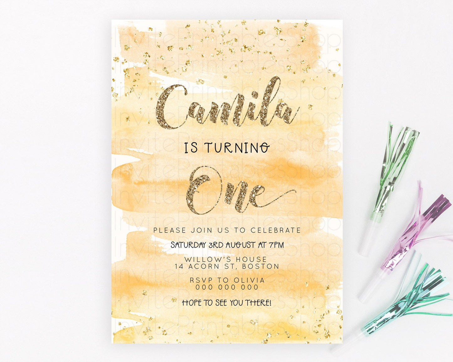 Rainbow Birthday Invitation Colorful Pastel Watercolor Invitation Gold Glitter Sprinkles Ombre Pastel 1st 2nd 3rd Birthday D23278