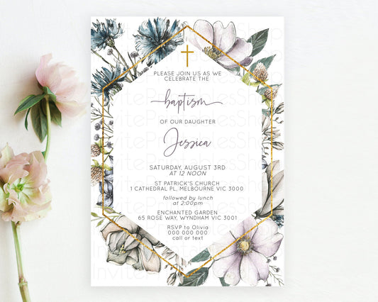 Editable Secret Garden Baptism Invitation Wildflower Baptism Birthday Invite