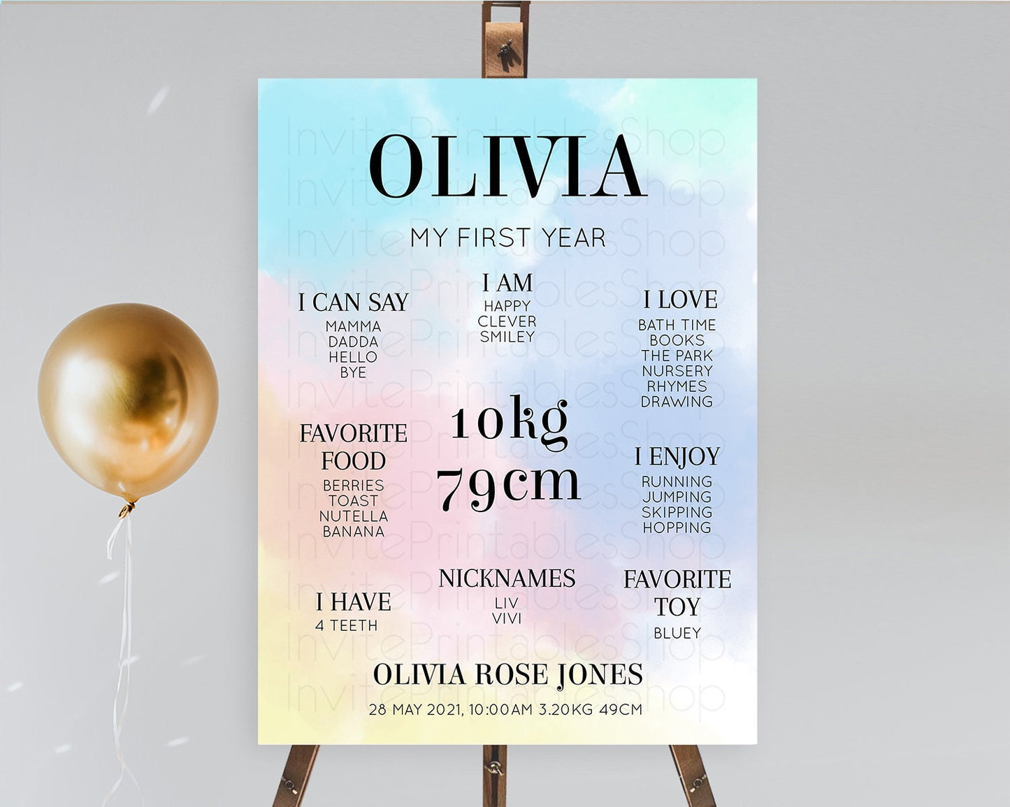Pastel First Birthday Milestone Board Pastel Rainbow Milestone Poster Colorful Confetti Watercolor Glitter 1st Birthday Welcome Sign D10373