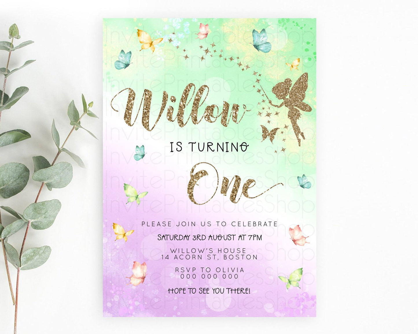 Pastel Fairy Birthday Invitation Pastel Butterflies Fairy Birthday Invitation Rainbow Ombre Watercolor 1st 2nd Birthday Invitation D23157