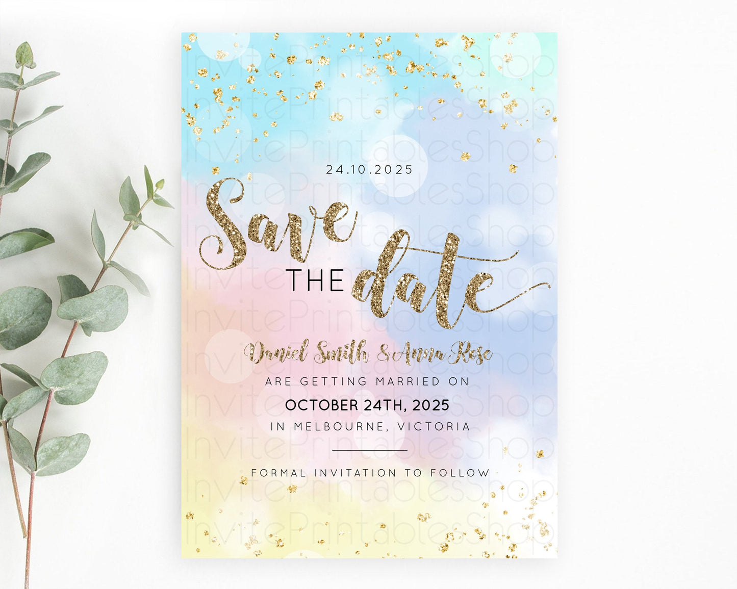 Pastel Save The Date Template Pastel Ombre Rainbow Watercolor Colorful Party For Birthday Baptism Baby Shower Wedding Bridal Shower D10367