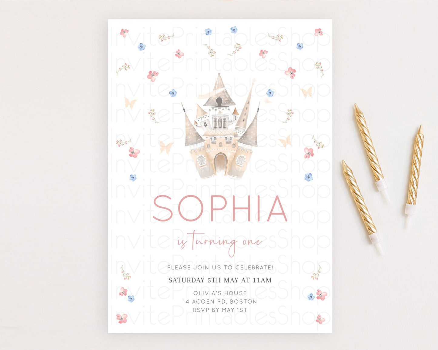Princess Birthday Invitation Castle Invitation Royal Birthday Fairy Tale Enchanted Castle Pastel Floral Garden 1st First Birthday D10364