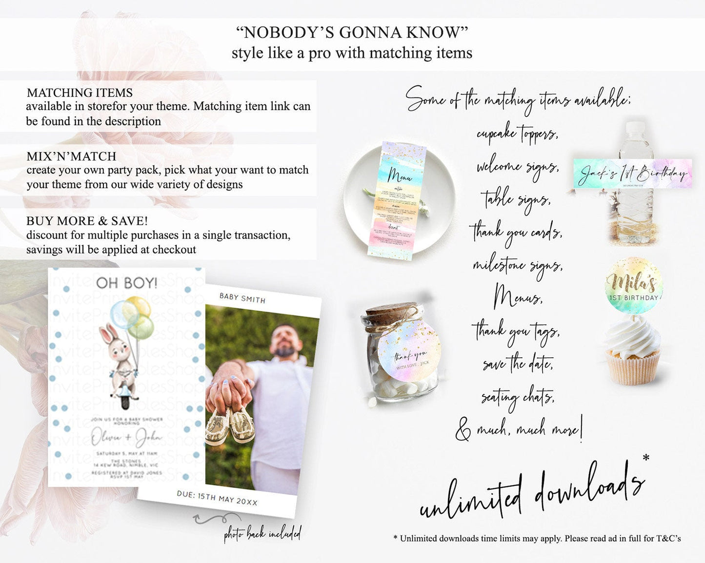 Bunny Baby Shower Invitation, Cute Rabbit Holding Balloons On a Trike with Colorful Confetti, Pastel Blue, Green, Yellow Theme Oh Boy D10783