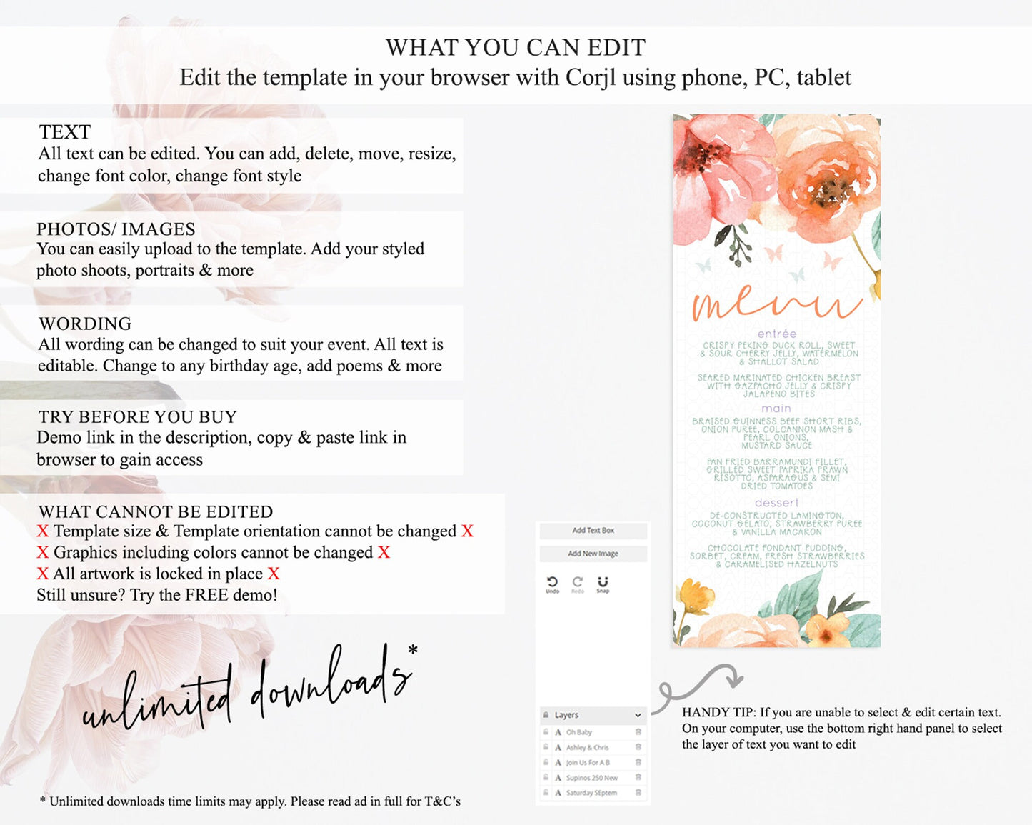 Secret Garden Menu Wildflower Menu Template Pastel Flower Garden Table Decor Boho Floral Dinner Dessert Floral Party Food Menu D10347