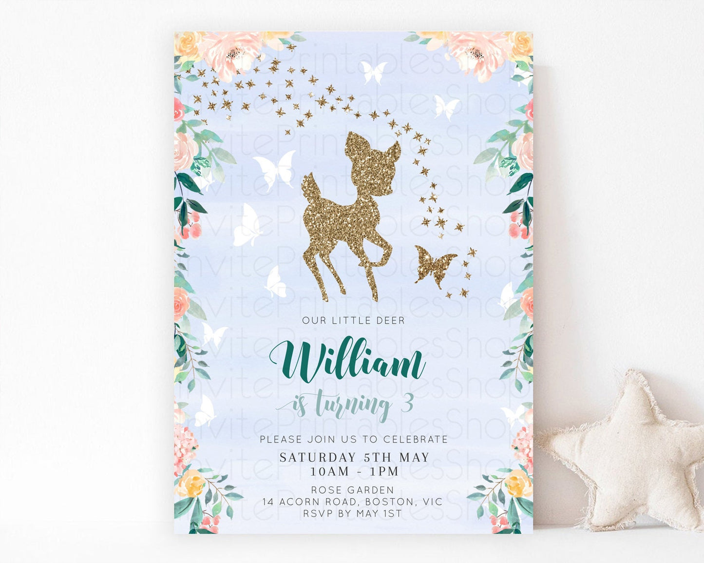 Fawn Birthday Invitation Deer Birthday Invitation Enchanted Forest Party Butterfly Pastel Flowers Whimsical 2nd 1st First Birthday D10875