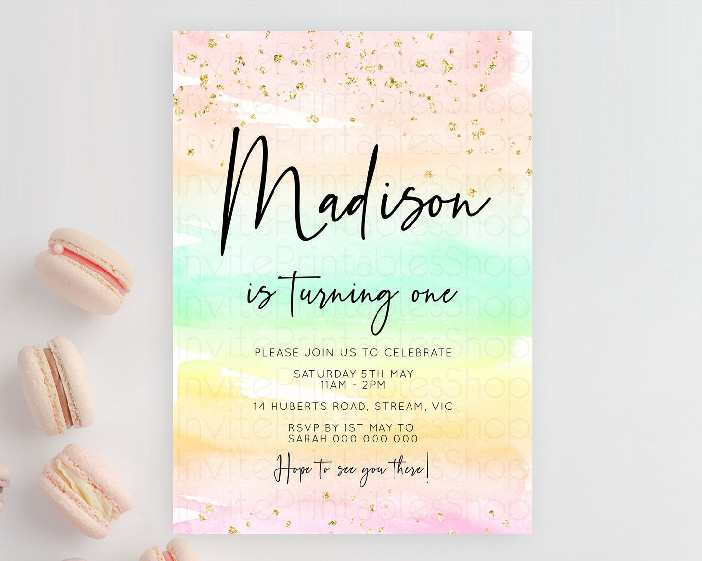 Rainbow Birthday Invitation Colorful Pastel Watercolor Invitation Gold Glitter Sprinkles Ombre Pastel 1st 2nd 3rd Birthday D10591
