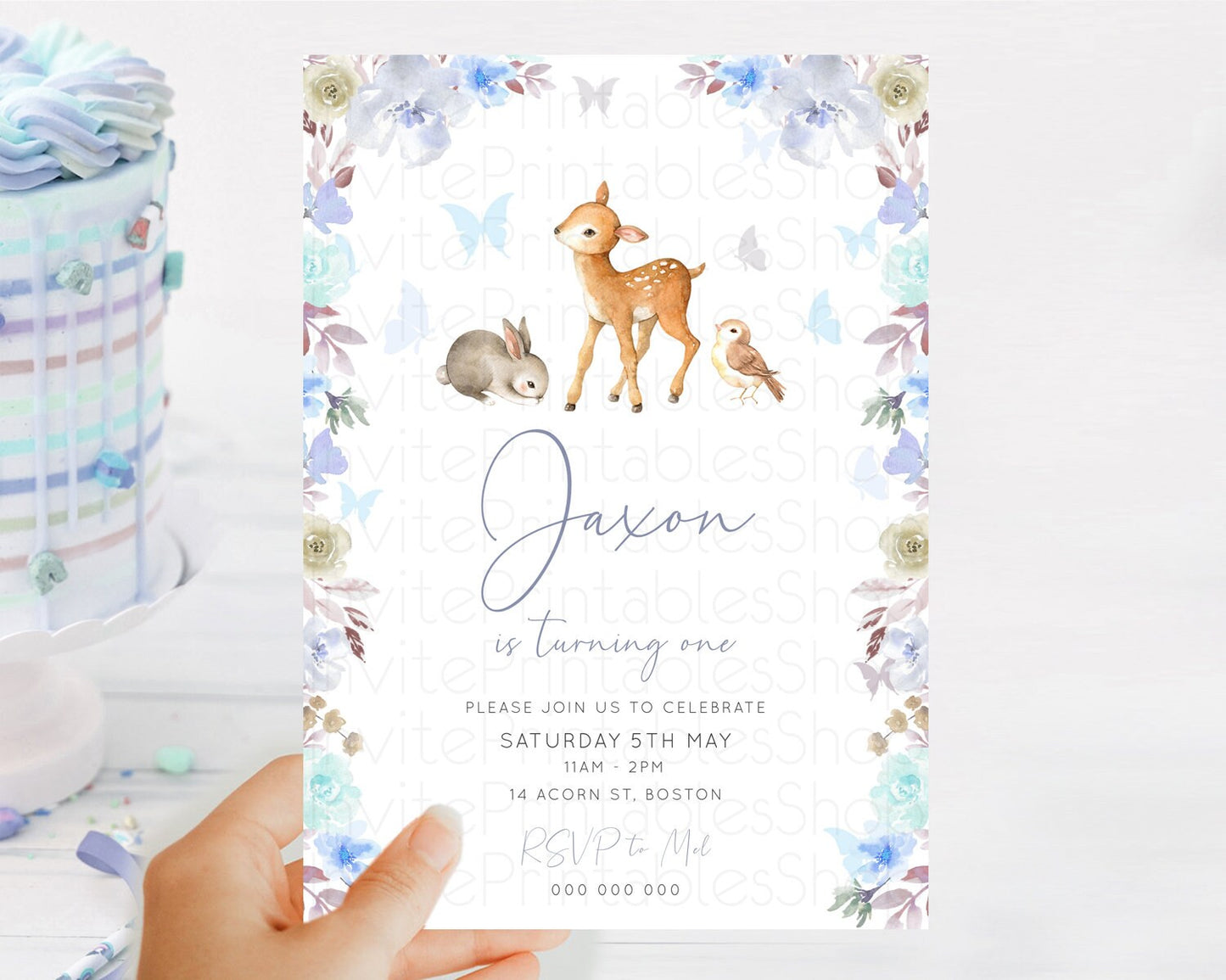 Fawn Birthday Invitation Deer Birthday Invitation Enchanted Forest Party Butterfly Pastel Flowers Whimsical 2nd 1st First Birthday D10929