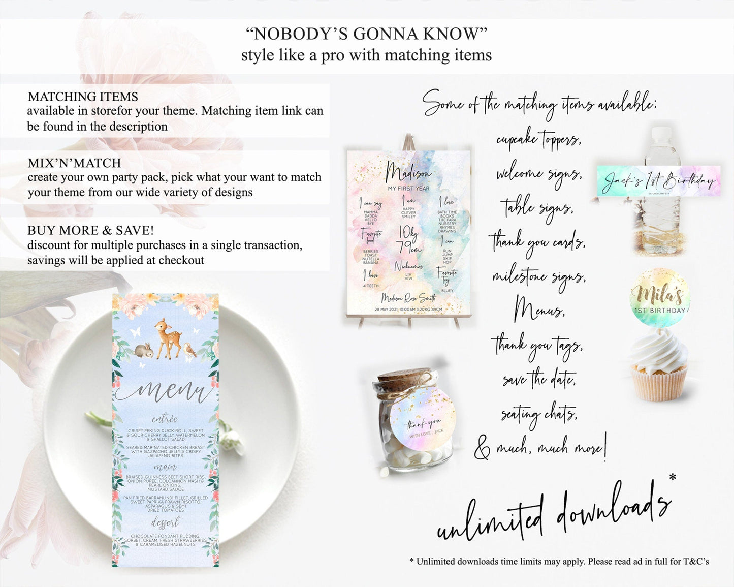 Fawn Menu Deer Menu Template Pastel Floral Deer Table Decor Enchanted Forest Butterfly Floral Dinner Dessert Menu Party Food Menu D10920