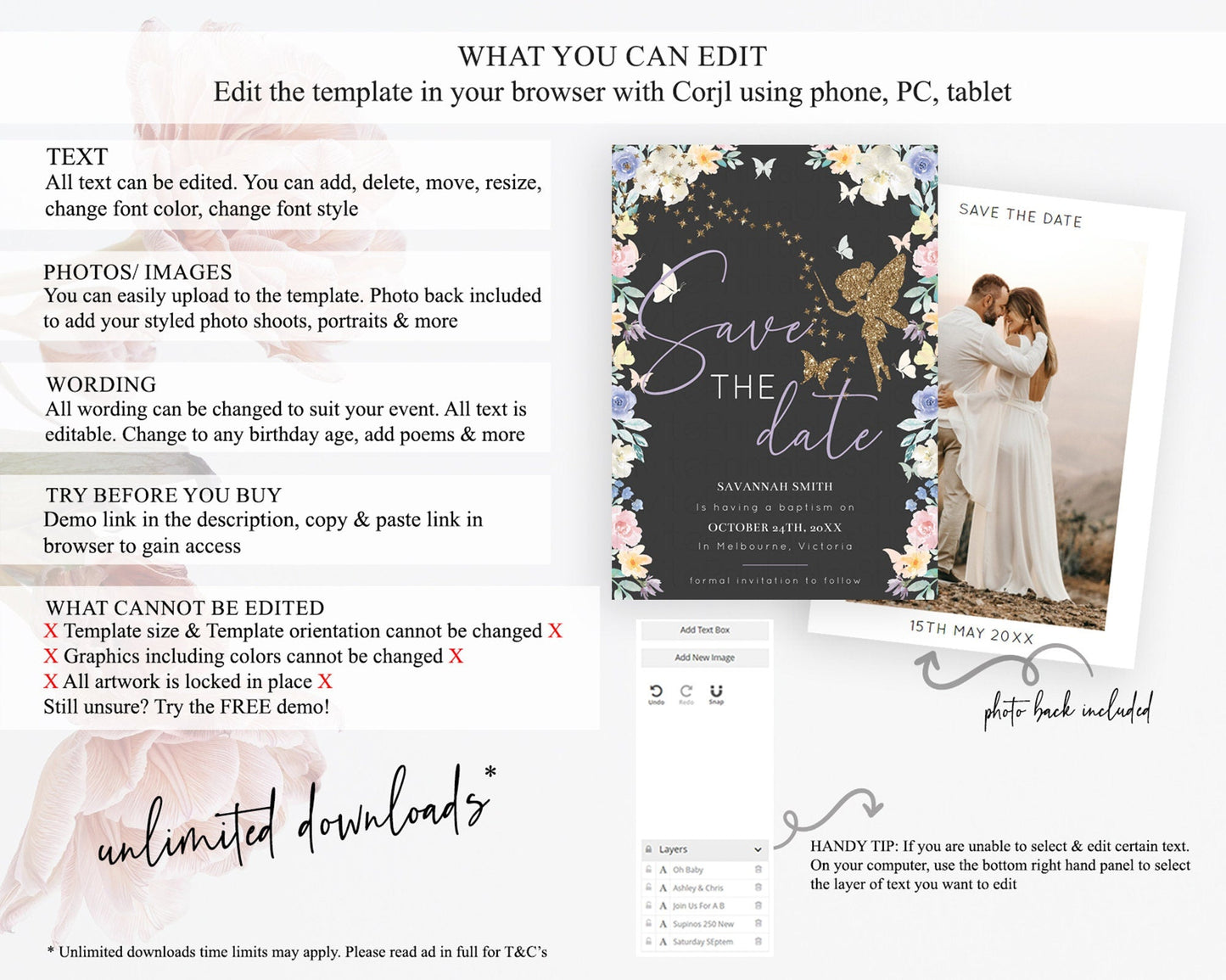 Fairy Save The Date Template Enchanted Garden Pastel Floral Butterfly Party Secret Garden Birthday Baptism Baby Shower Bridal Shower D10881
