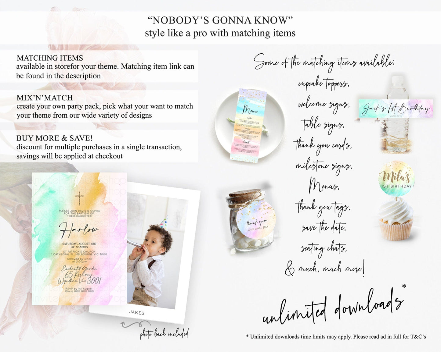 Pastel Baptism Invitation Pastel Colors Watercolor Baptism 1st Birthday Party Gold Ombre Pastel Rainbow Christening Holy Communion D10962