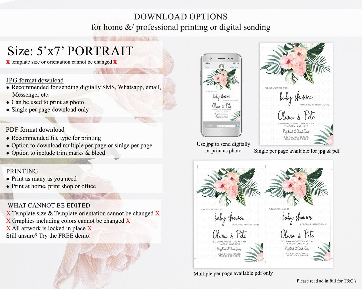 Tropical baby Shower Invitation Tropical Floral Baby Shower Invitation Palm Leaf Fern Invitation Frangipani White Orchid Invitation D11017