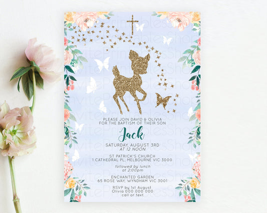 Fawn Baptism Invitation Deer Baptism 1st Birthday Invitation Enchanted Forest Christening Invitation Pastel Garden Butterfly Floral D10875