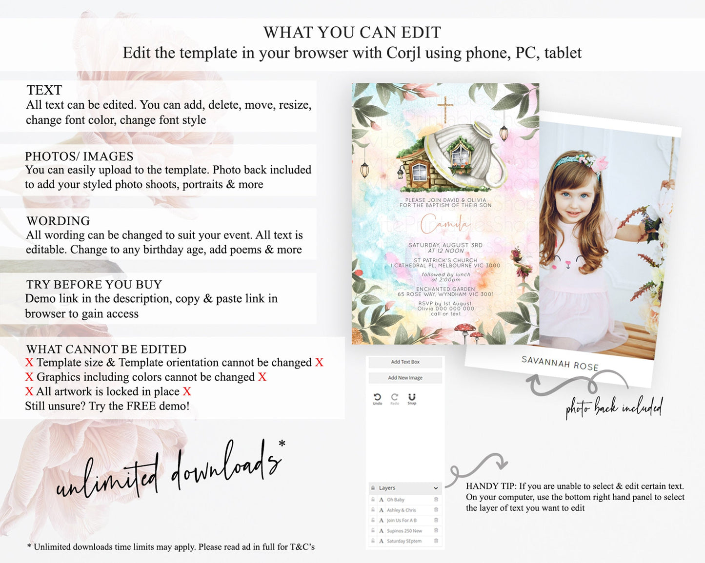 Fairy Baptism Invitation Fairy Baptism 1st Birthday Invitation Enchanted Secret Garden Christening Invite Pastel Floral Butterfly D10555