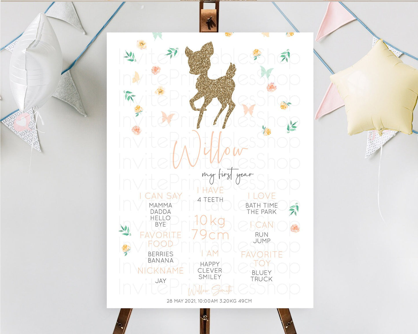 Fawn First Birthday Milestone Board Deer First Birthday Milestone Poster Enchanted Forest Butterfly Pastel Flowers 1st Birthday Sign D10355