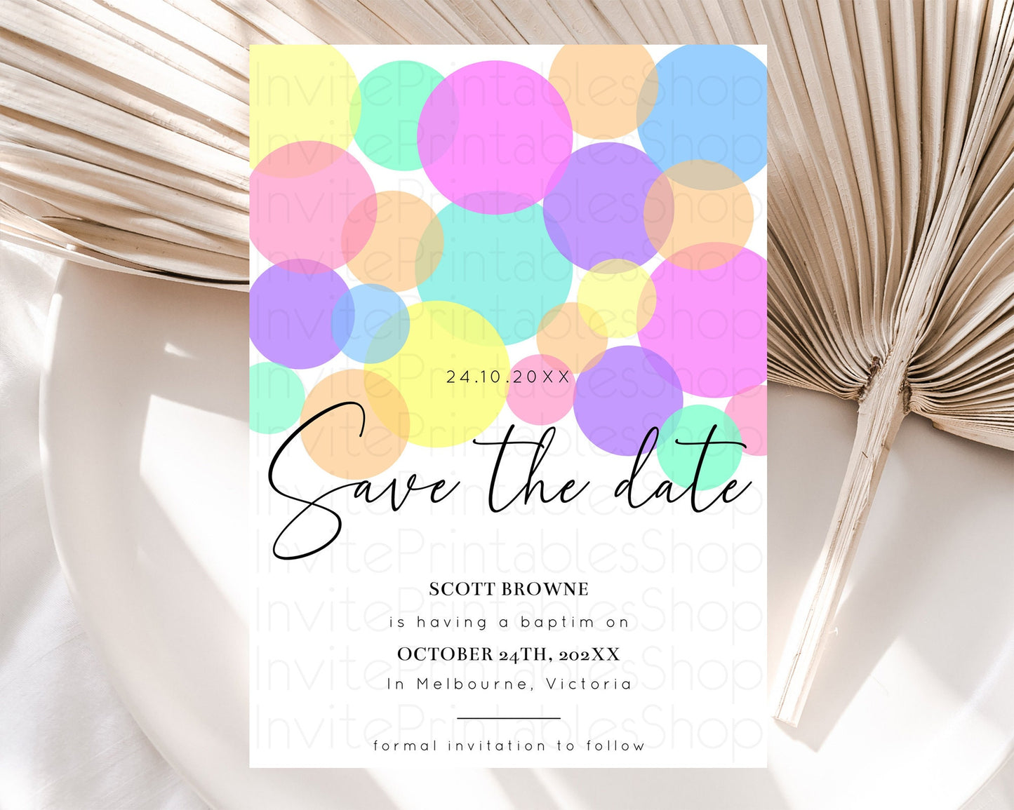 Pastel Confetti Save The Date Template Rainbow Colorful Sprinkles Party For 1st Birthday Baptism Baby Shower Wedding Bridal Shower D10888