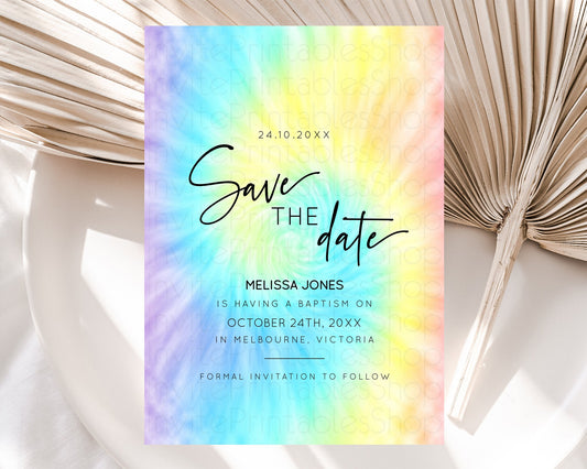 Tie Dye Save The Date Template Rainbow Pastel Ombre Watercolor Party For 1st Birthday Baptism Baby Shower Bridal Shower Wedding D10578